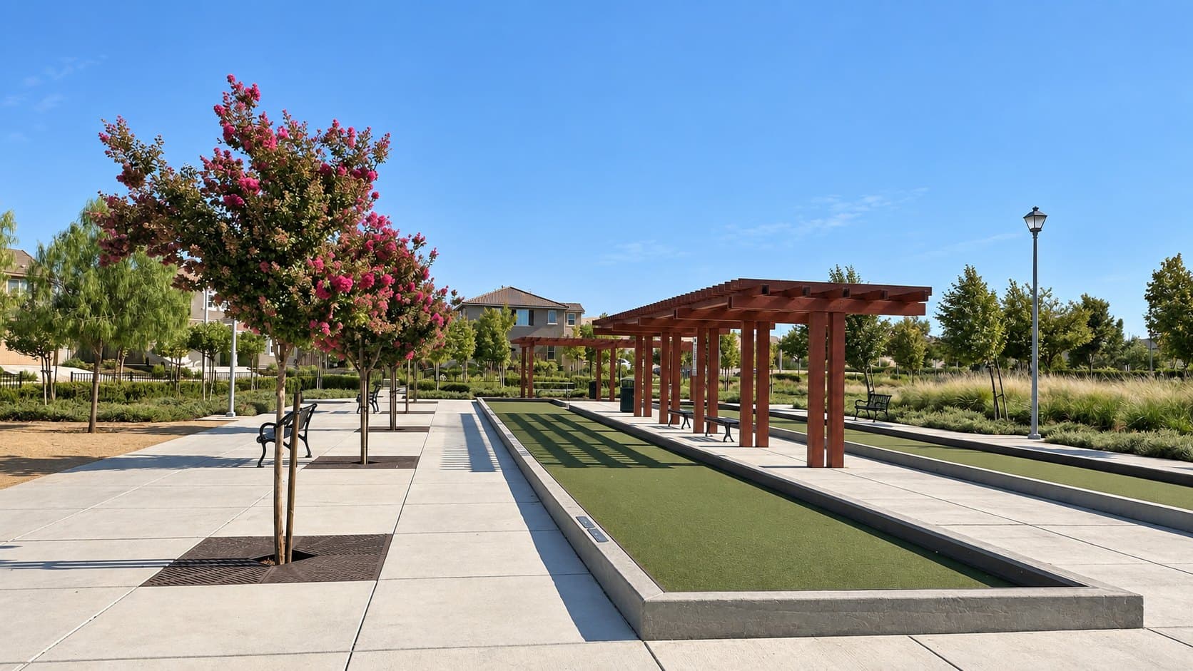 Bocce ball courts and pergolas at the neighborhood park